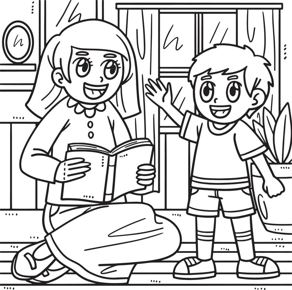 Desenho para imprimir e colorir de uma mãe contando histórias para seus filhos.