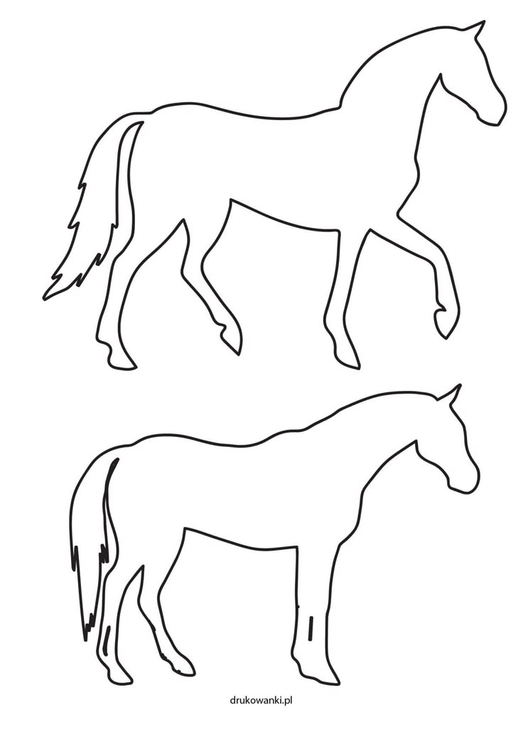 Dois cavalos em poses diferentes, estilo cartoon, apenas com a silhueta para personalizar, para colorir e imprimir.