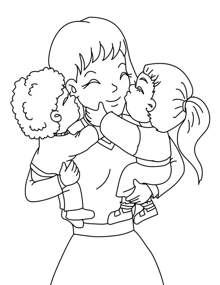 Desenho para imprimir e pintar de uma mãe abraçando seus dois filhos (filho e filha) com muito amor e recebendo um beijinho de ambos no dia das mães.