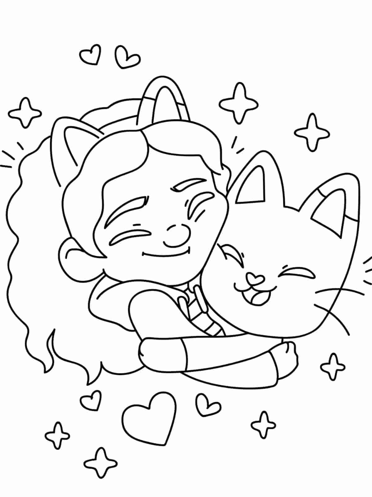 Desenho da Gabby e da Pandy Paws se abraçando com orelinhas de gatinho super fofas para colorir.