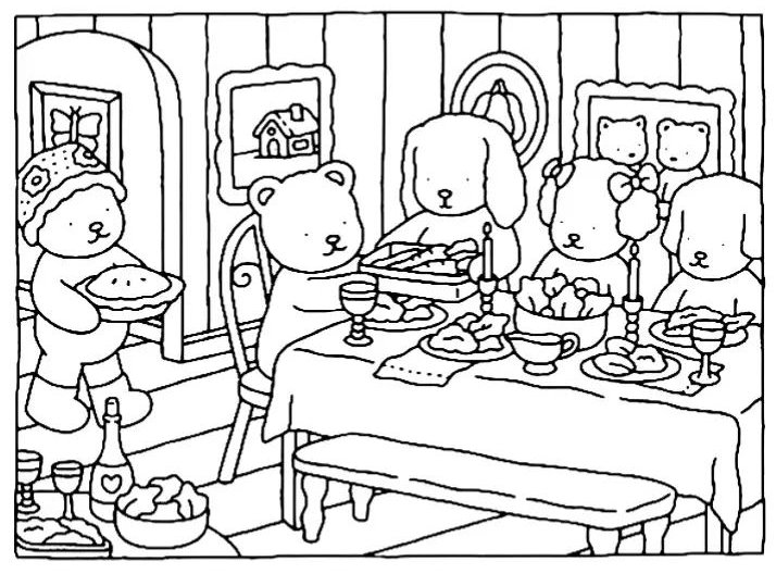 Desenho de Ação de Graças da Bobbie Goods com família de ursos e cachorros reunidos em volta de uma mesa farta para colorir.