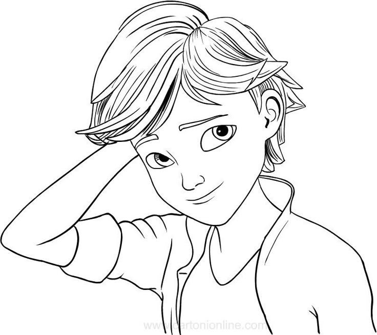Ilustração do personagem Adrien Agreste (Cat Noir) da animação Miraculous Ladybug para atividades de colorir.