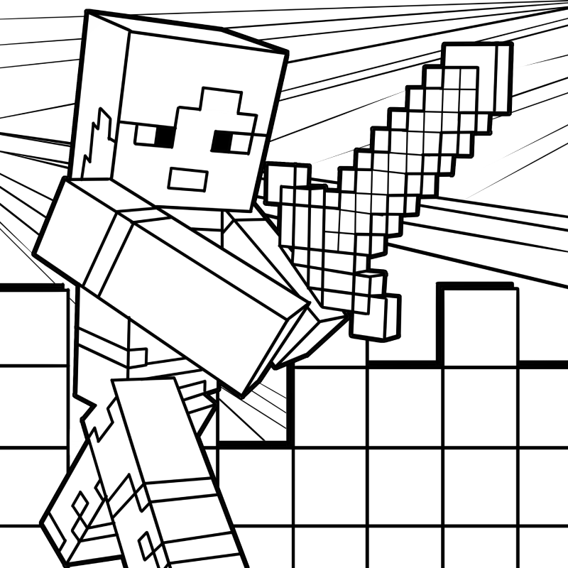 Desenho da Alex do Minecraft, com corpo e espada em blocos, pronta para colorir e embarcar em aventuras no mundo da construção.