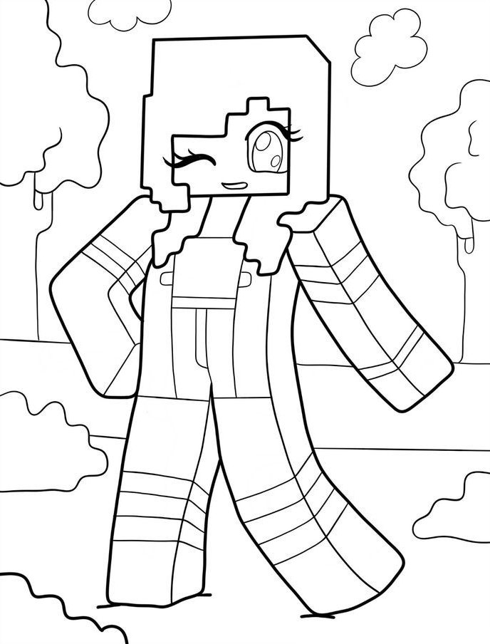 Desenho da Alex do Minecraft com traços Kawaii, personagem pixelizado de videogame, para colorir e imprimir.
