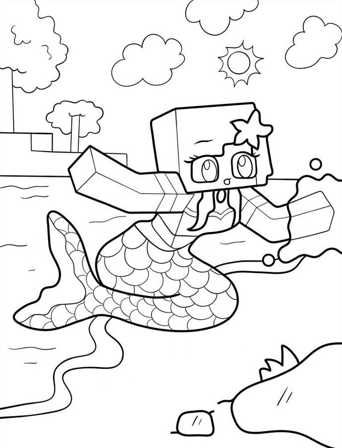 Desenho da Alex do Minecraft como sereia, com cauda de peixe em ambiente marinho para colorir e imprimir.