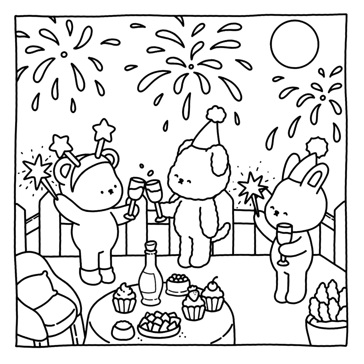 Três animais fofos, um urso com tiara de estrelas, um cachorrinho de chapéu e um coelho com espumante, celebrando o Ano Novo com fogos de artifício ao fundo.