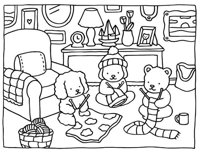 Desenho da turminha Bobbie Goods tricotando com cesta de lã, abajur e poltrona para pintar.