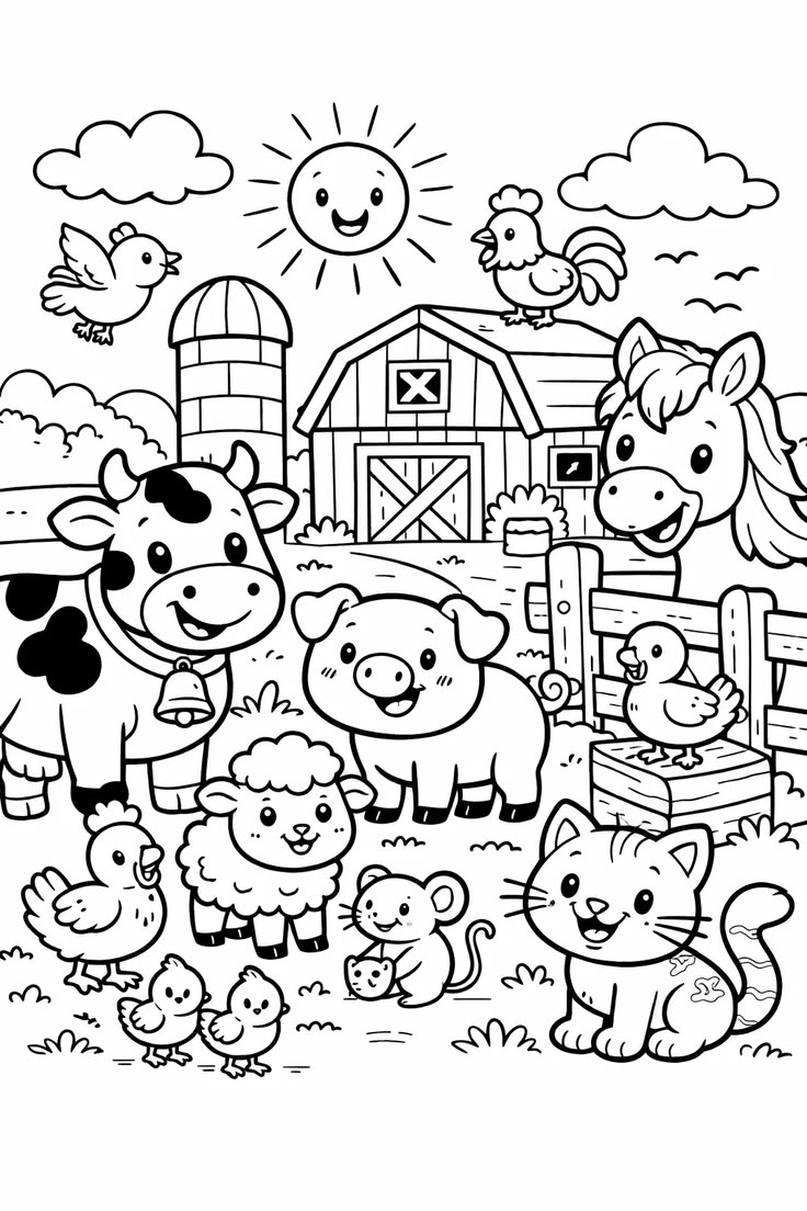 Cena de fazenda com uma vaca, um porco, uma ovelha, um cavalo, um gatinho e várias galinhas sob um sol radiante para colorir.