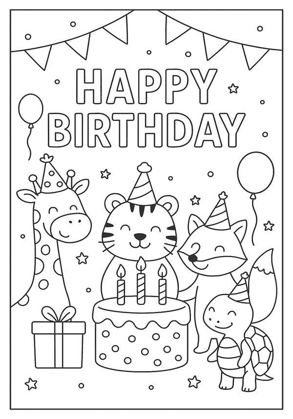 Desenho para colorir de uma girafa, um tigre, uma raposa e uma tartaruga usando chapéus de festa ao redor de um bolo de aniversário.