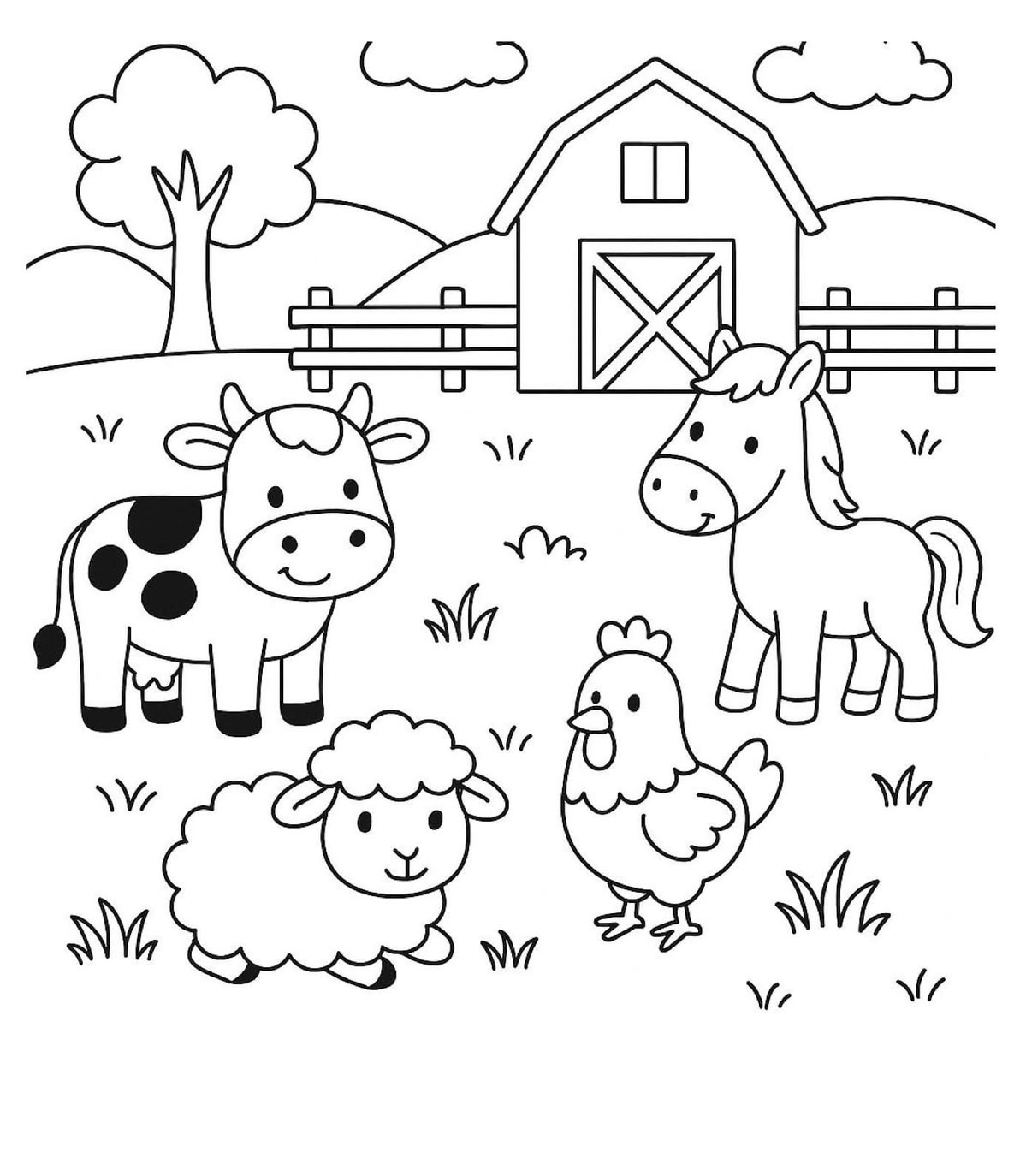 Desenho para colorir mostrando uma vaca, um cavalo, uma ovelha e uma galinha em um campo com um celeiro ao fundo.