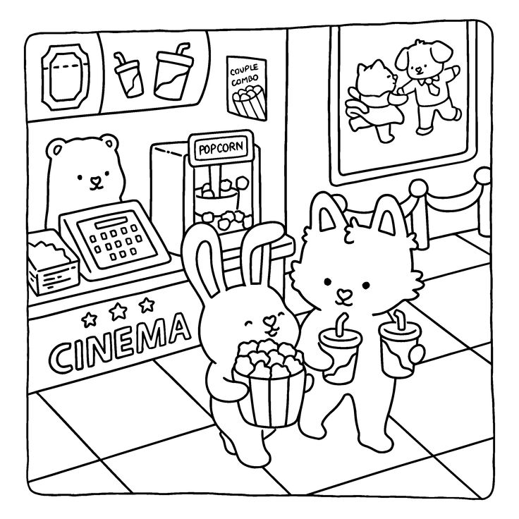 Um coelhinho fofo e um animal peludo segurando um balde de pipoca e refrigerantes em frente a uma bilheteria de cinema com um atendente urso.