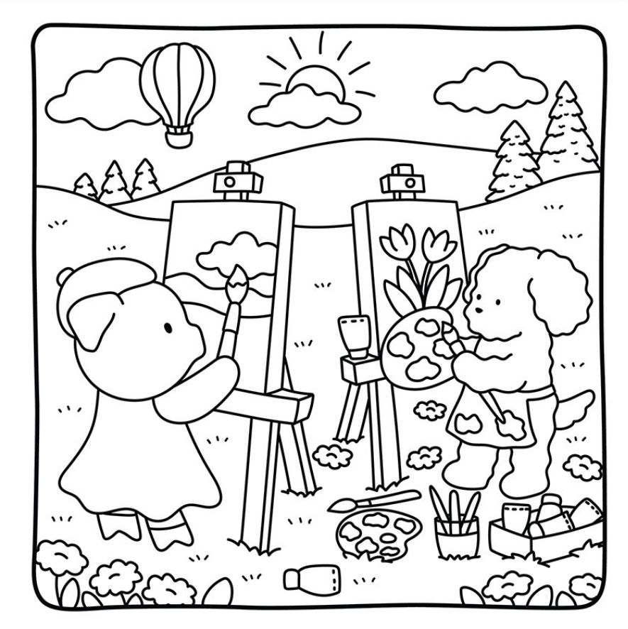 Dois personagens animais, um urso e um cachorro, pintando quadros em cavaletes em um campo ensolarado com balão de ar quente ao fundo.