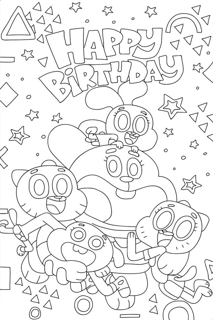 Desenho de aniversário da família Waterson de Gumball com Gumball, Darwin, Anais, Nicole e Ricardo para colorir.