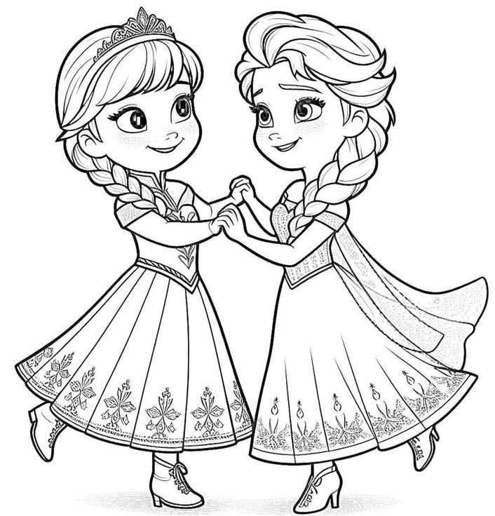 Desenho da Anna e Elsa em estilo kawaii, com vestidos longos, detalhes florais, tranças e coroas, pronto para colorir e dar vida à magia de Frozen.