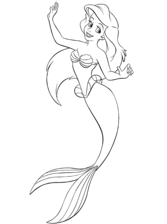 Ariel, a Pequena Sereia, com cauda de peixe e um sorriso, pronta para ser colorida. Ideal para fãs da Disney e do conto de fadas.