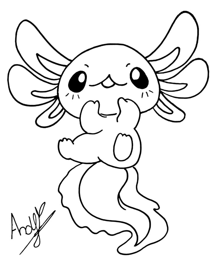Desenho de um Axolote Kawaii com olhos grandes e brilhantes, sorriso fofo, corpo redondo e cauda ondulada para colorir e imprimir.
