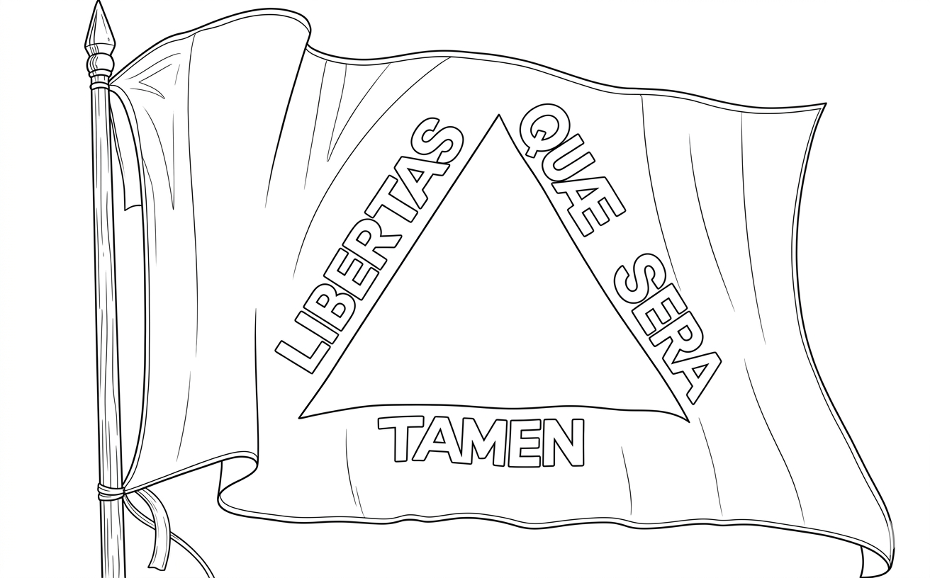 Desenho da bandeira de Minas Gerais com um mastro, um triângulo central e a inscrição Libertas Quae Sera Tamen para colorir.