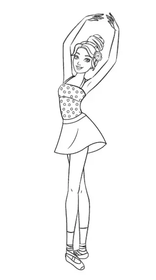 Desenho da Barbie Bailarina com vestido de bolinhas, saia curta, coque com flor e sapatilhas de balé para colorir e imprimir.