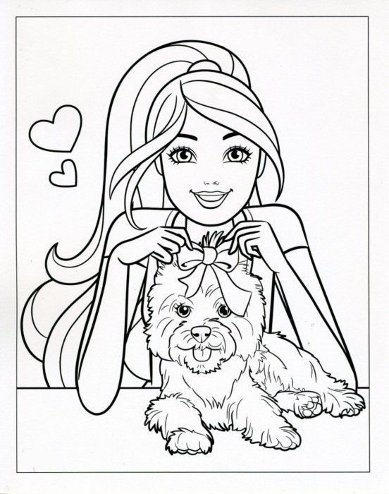 Desenho fofo da Barbie com seu cachorrinho de estimação, ambos com laços, cercados por corações, pronto para imprimir e colorir.
