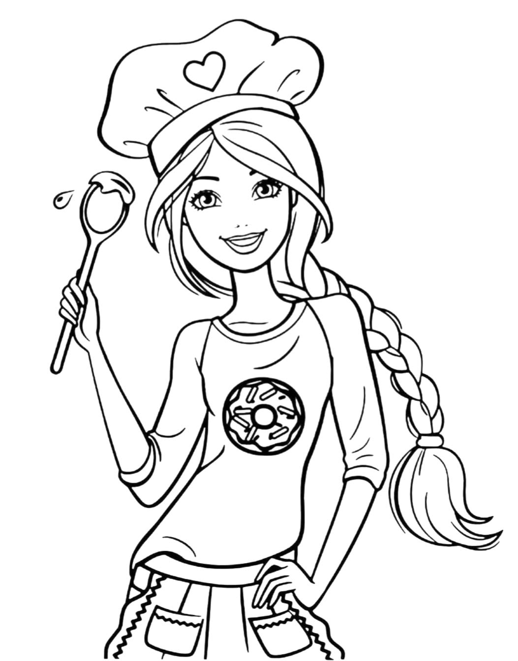 Desenho da Barbie usando chapéu de chef e segurando uma colher de pau, com estampa de donut na camiseta para colorir.