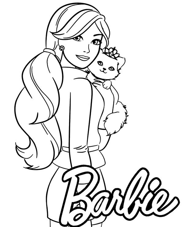 Desenho da Barbie com rabo de cavalo segurando um gatinho usando uma tiara de princesa.