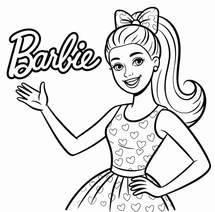 Desenho da Barbie com rabo de cavalo, laço no cabelo e um vestido estampado de corações acenando.