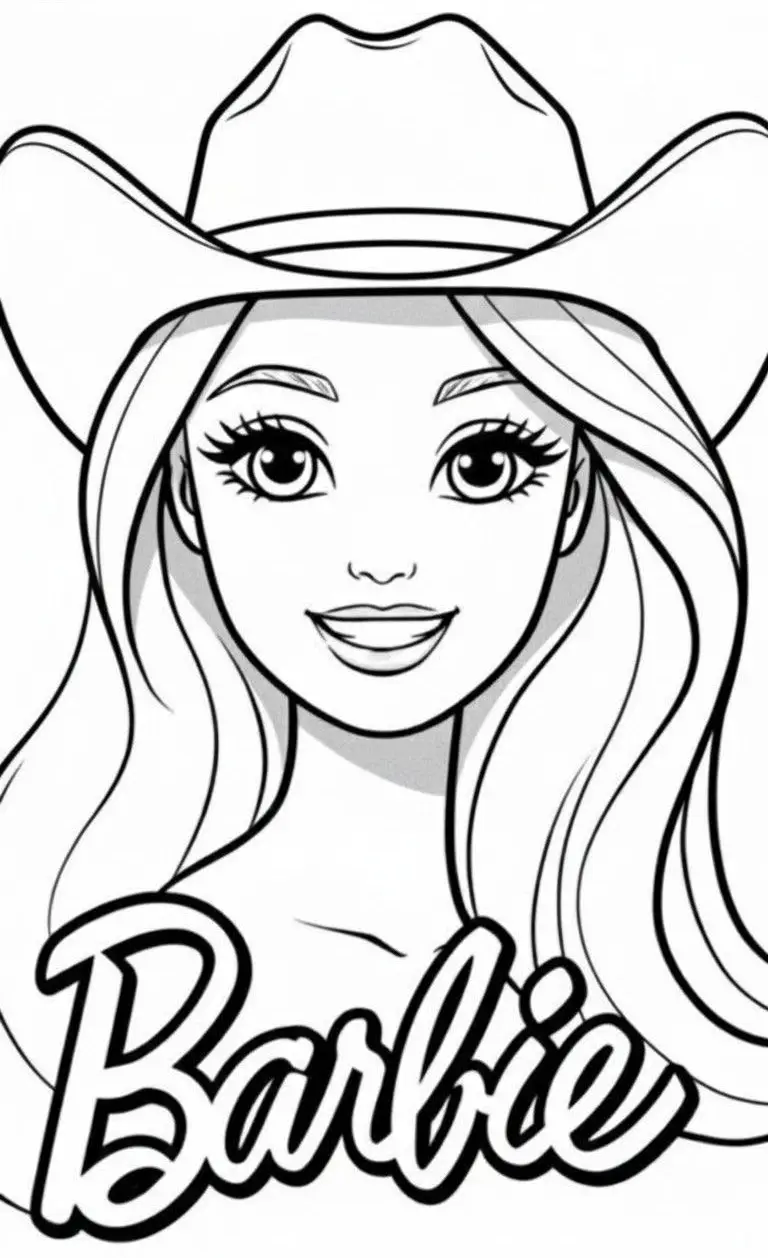 Desenho da Barbie usando chapéu de cowgirl com o logotipo oficial logo abaixo dela, pronto para ser pintado.