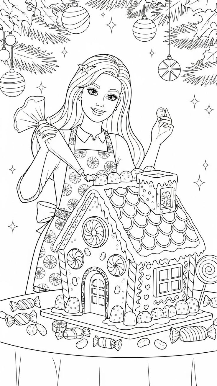 Desenho da Barbie, com avental, usando um saco de confeitar para decorar uma casa de biscoito de gengibre cercada por doces e bolas de natal.