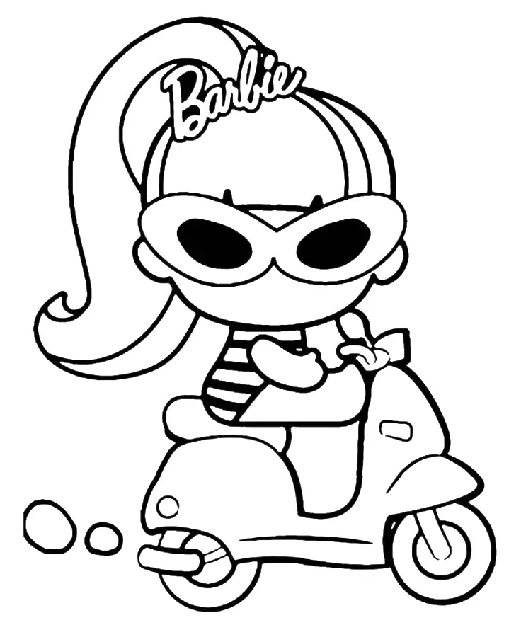 Desenho da boneca Barbie usando óculos de sol e rabo de cavalo, pilotando sua moto scooter, pronto para colorir.