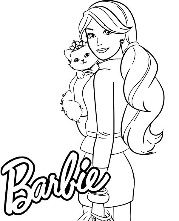 Barbie de rabo de cavalo e jaqueta segurando um gato com coroa para colorir e imprimir.