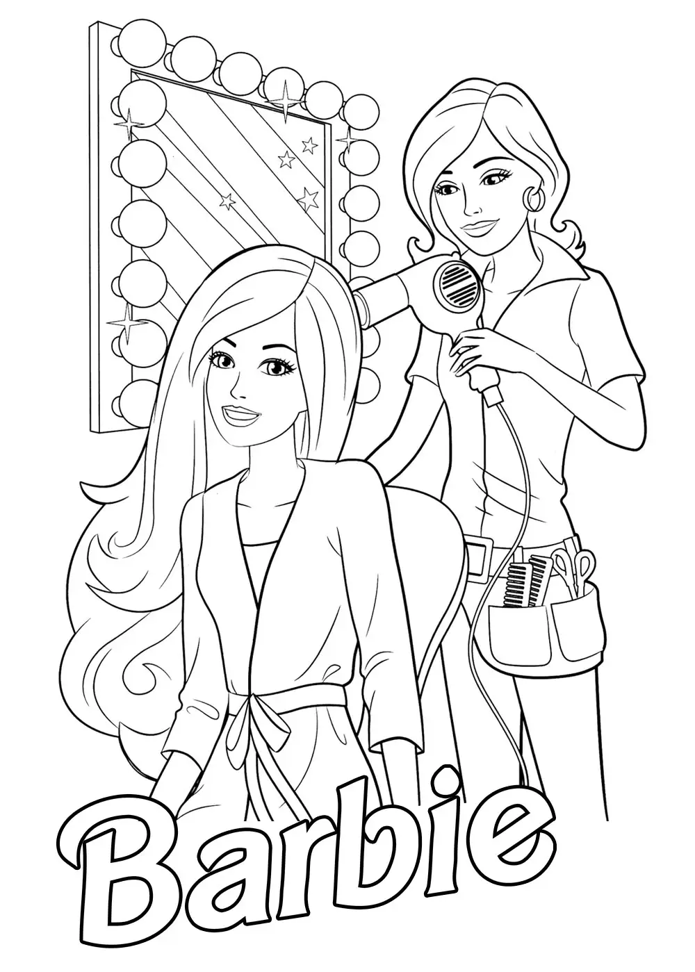 Desenho da Barbie sentado em uma cadeira de salão de beleza enquanto uma estilista seca seu cabelo com secador em frente a um espelho com luzes.