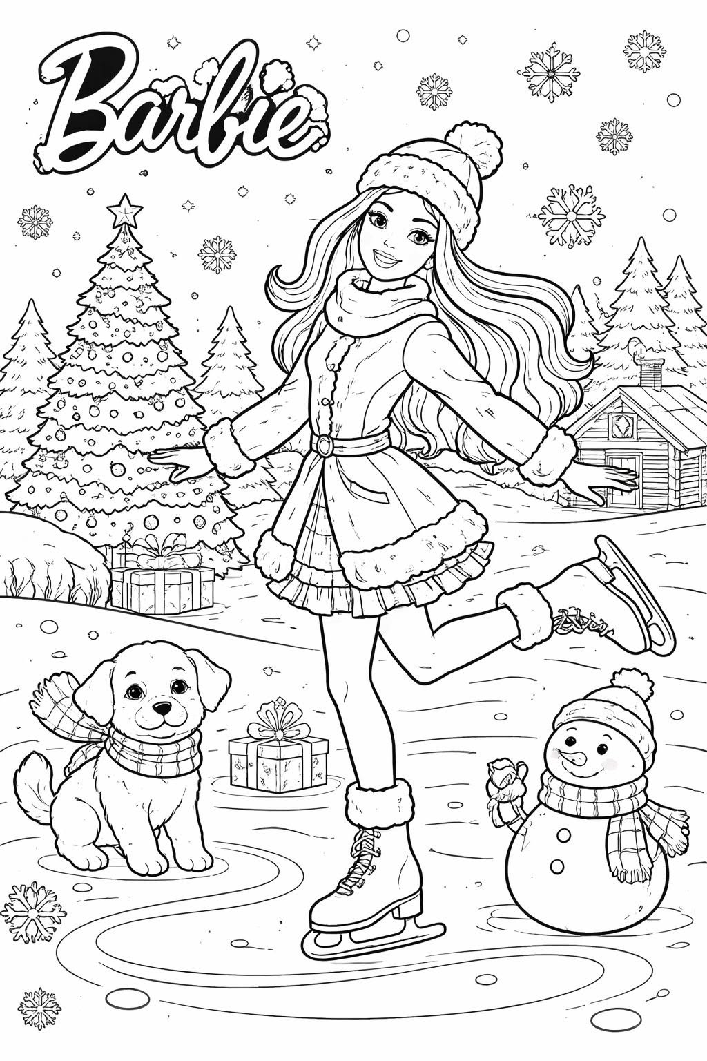 A Barbie patinando no gelo em uma paisagem de inverno com uma árvore de natal decorada, presentes, um cachorrinho fofo e um boneco de neve.