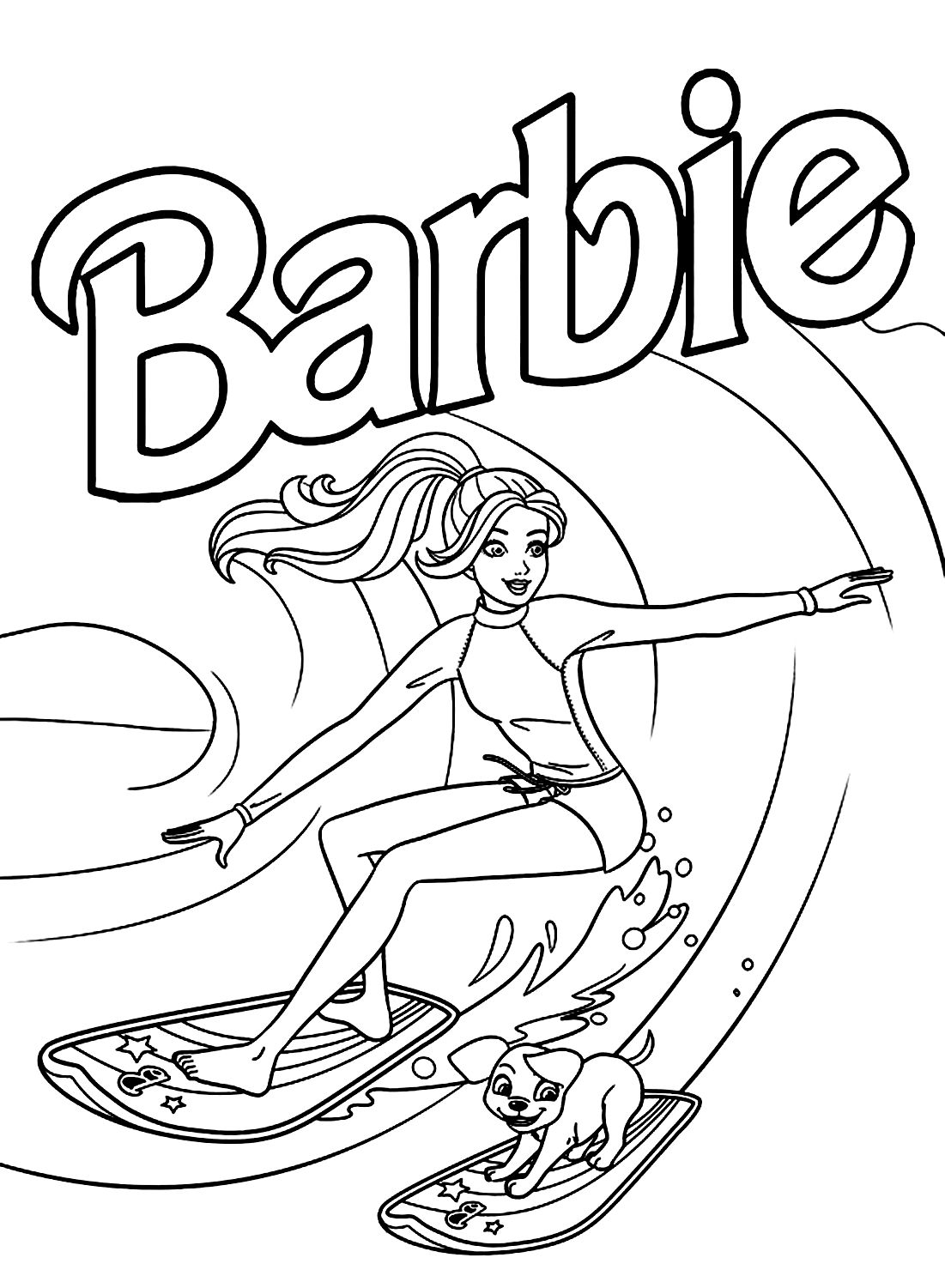Desenho para colorir da Barbie em cima de uma prancha de surf pegando uma onda grande com seu cachorrinho surfando ao lado em uma prancha menor.