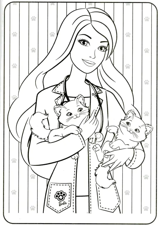 Barbie vestida de veterinária segurando dois filhotes de gato, com fundo de patinhas para colorir.