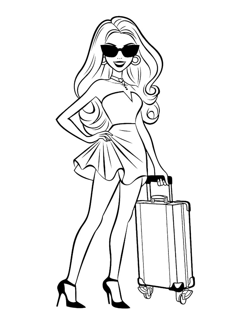 Barbie adulta com óculos de sol, vestido e mala de viagem pronta para as férias, em estilo cartoon para colorir.