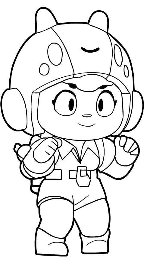 Desenho para colorir da Bea, a personagem de Brawl Stars usando seu capacete de abelha e traje de bióloga, em estilo cartoon.