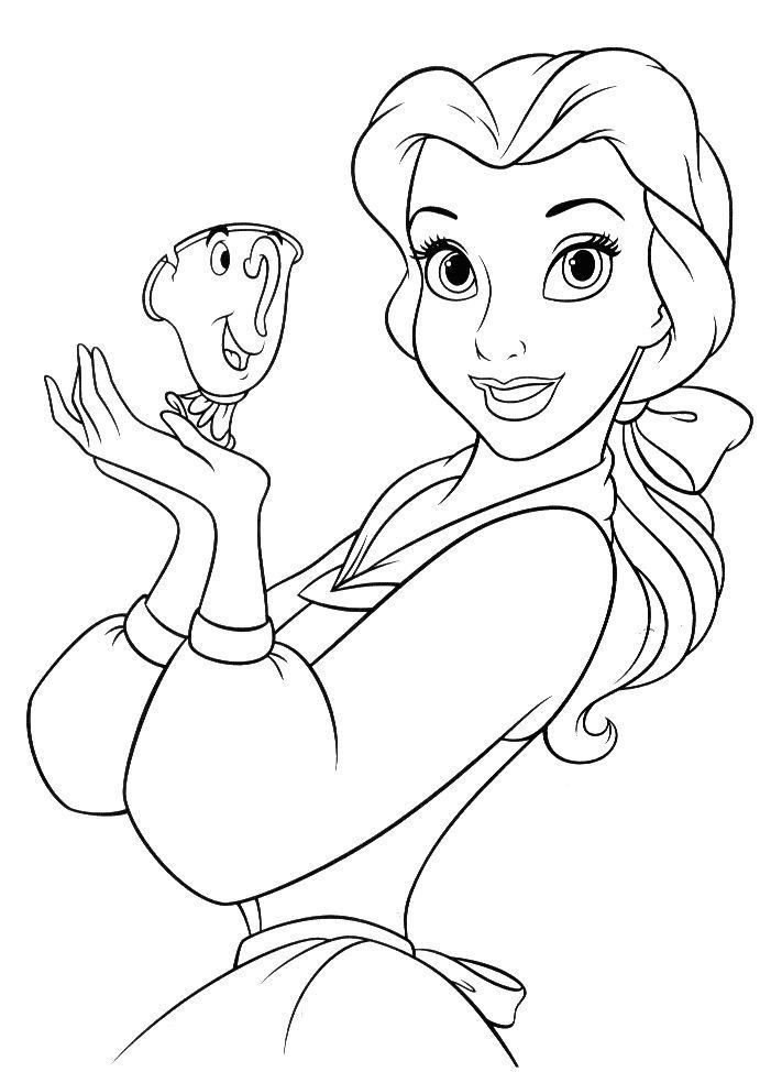 Desenho para colorir da Princesa Bela segurando em suas mãos o personagem Zip de 'A Bela e a Fera'.