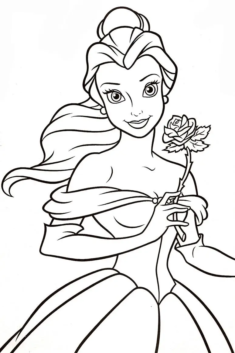 A Princesa Bela da Disney com seu vestido clássico segurando uma rosa encantada em uma mão, com um olhar gentil e cabelos presos.