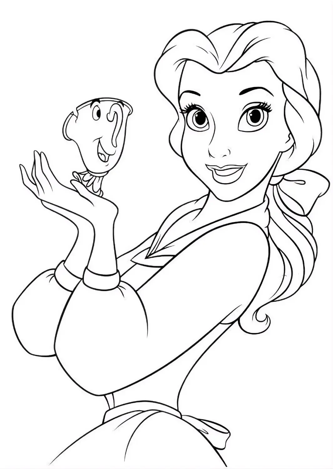 Ilustração de contorno da Bela do filme A Bela e a Fera segurando o pequeno Zip, a xícara falante.