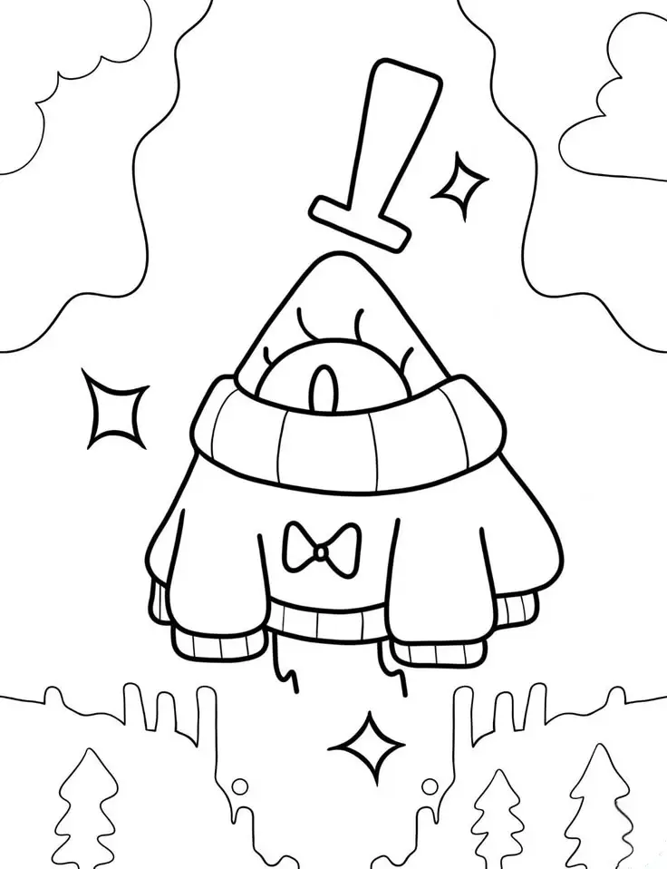 Ilustração para colorir do Bill Cipher, o triângulo misterioso de Gravity Falls, usando um suéter de inverno confortável com um laço.