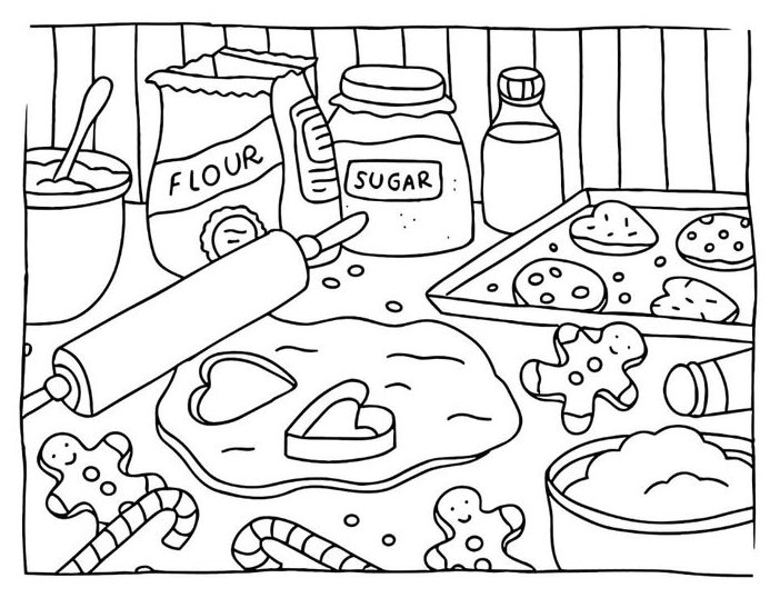 Desenho de preparo de biscoitos da Bobbie Goods com massa, cortadores de coração, biscoitos de gengibre e ingredientes para colorir.