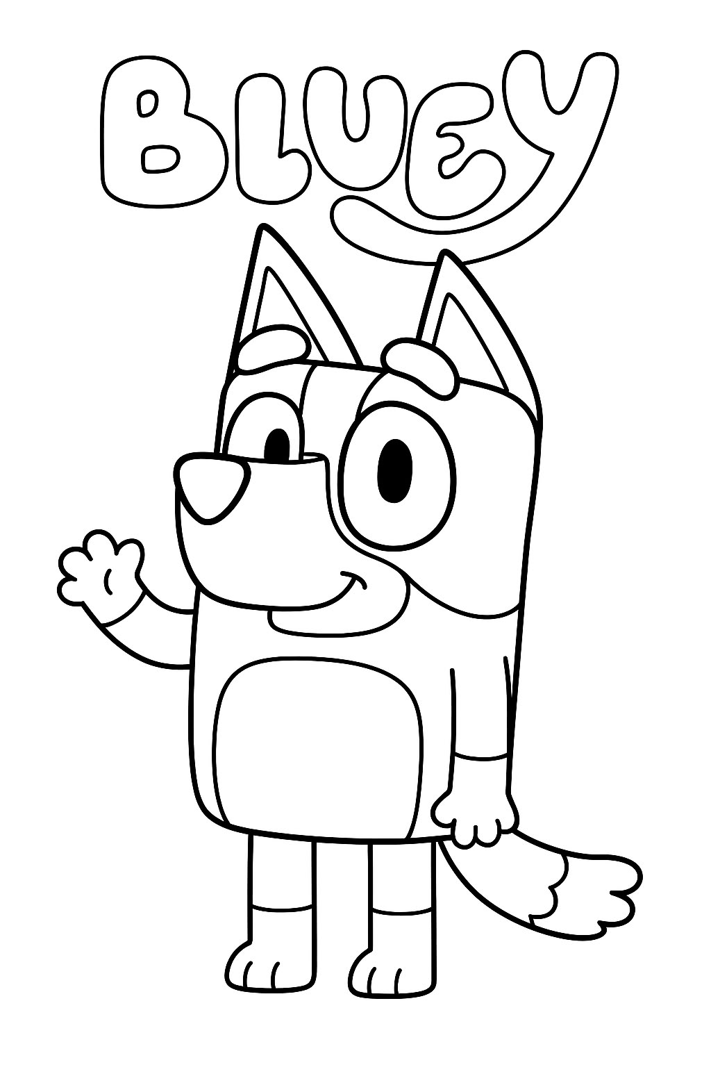 Ilustração em preto e branco da Bluey, a cachorrinha Heeler, acenando alegremente com a mão direita, pronta para ser colorida.