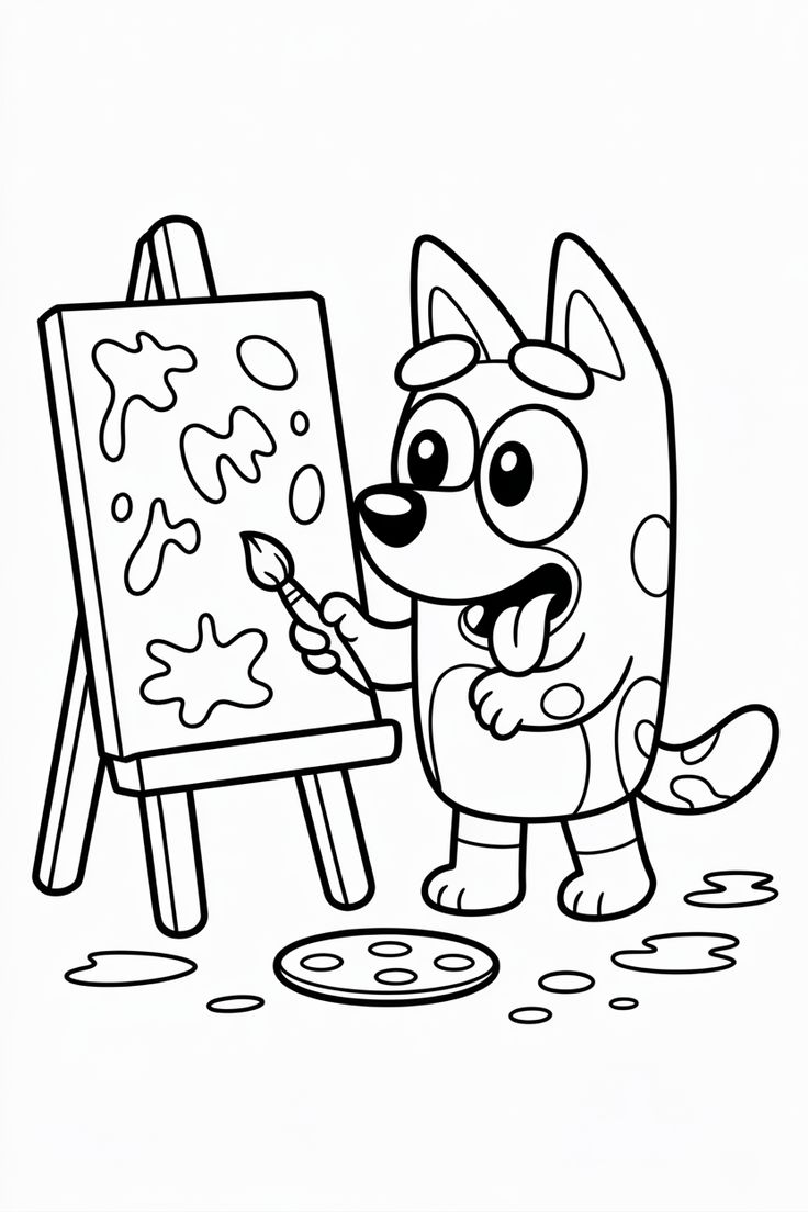 A cachorrinha Bluey segura um pincel e pinta um quadro em um cavalete com formas divertidas, enquanto há manchas de tinta no chão ao lado de uma paleta.