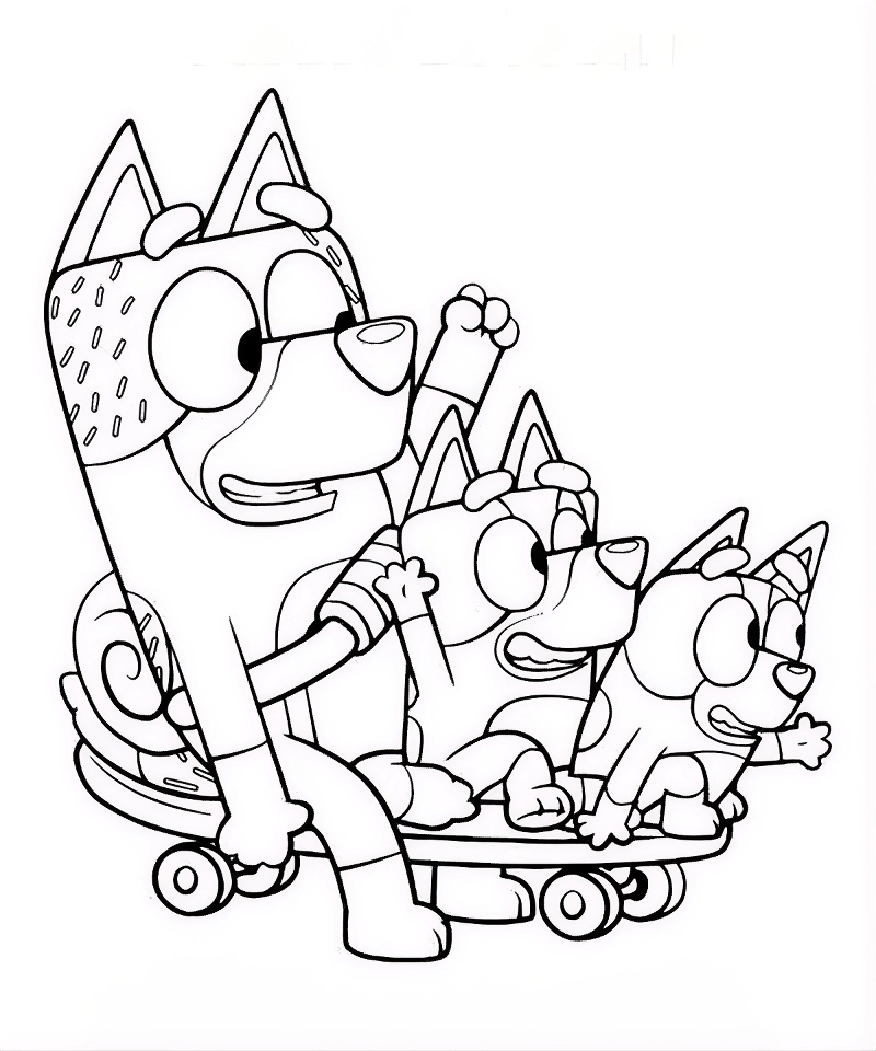 Bandit, Bluey e Bingo em cima de um skate, todos felizes e prontos para uma aventura.