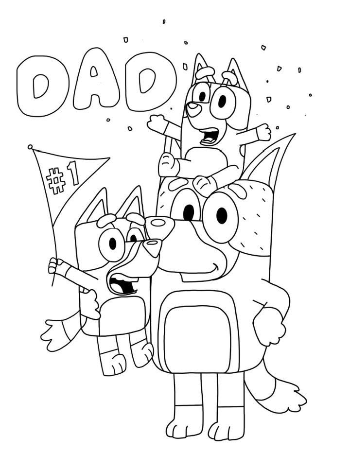 Desenho para colorir da Bluey sentada nos ombros do pai, Bandit, enquanto Bingo segura uma bandeira escrito número 1.