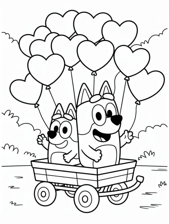 Bluey e Bingo sentadas em um carrinho de madeira puxado por um grande cacho de balões em formato de coração