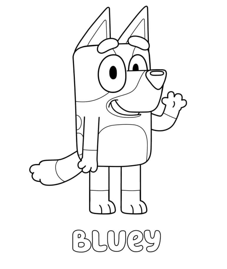 Desenho da Bluey, a cachorrinha, acenando alegremente com a mão e sorrindo.