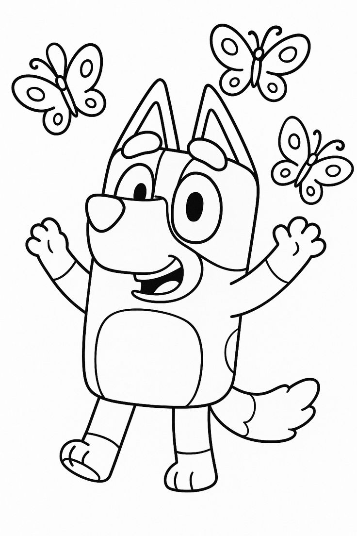 A personagem Bluey, uma cadelinha antropomórfica, sorrindo e com os braços abertos enquanto três borboletas voam ao seu redor.