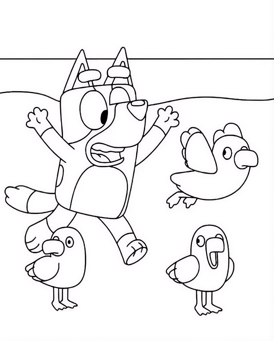 Personagem Bluey pulando de alegria na praia cercada por três gaivotas em um desenho para colorir.