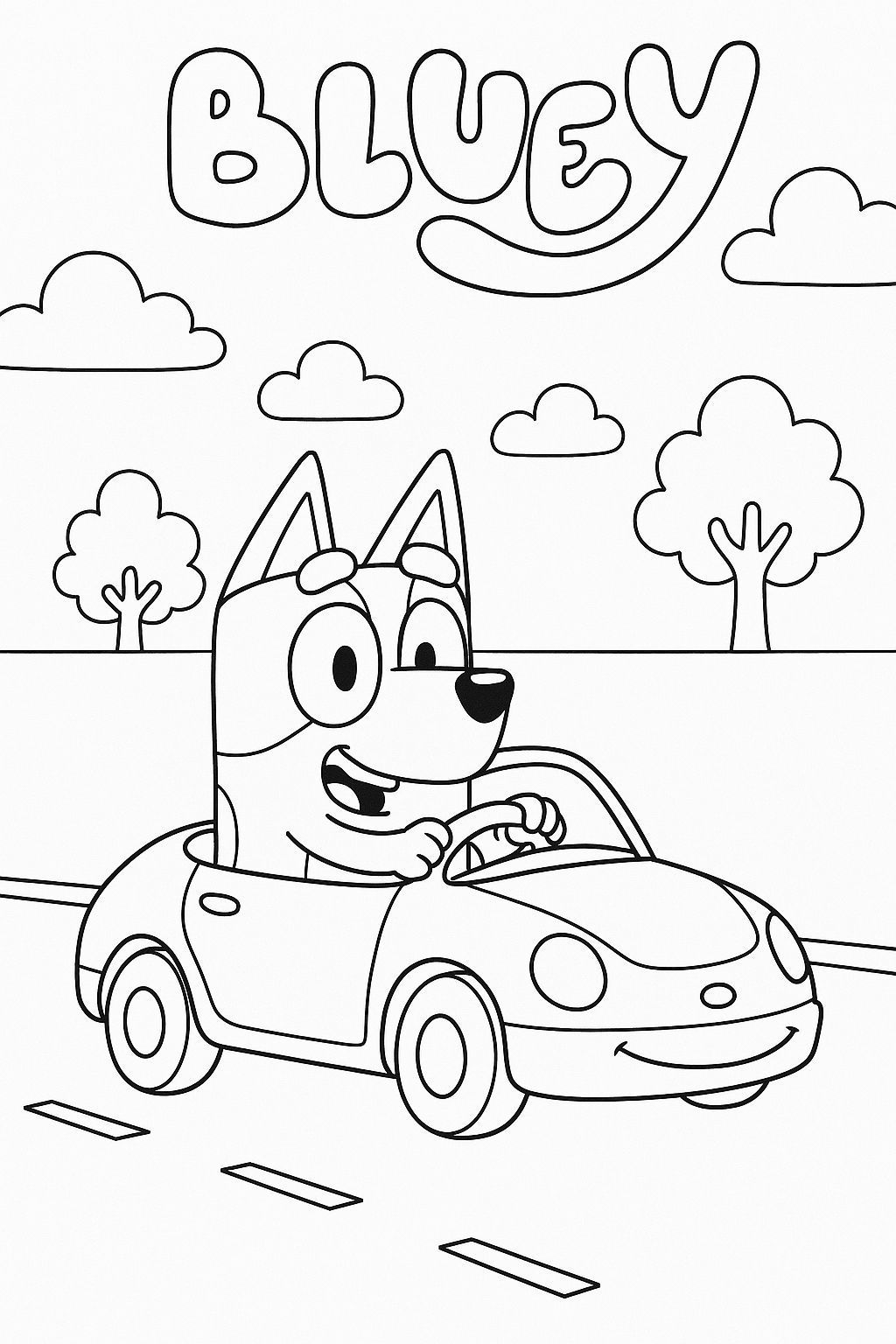 Personagem Bluey, uma cadelinha antropomórfica, sorrindo e segurando o volante de um carro conversível em um dia ensolarado.